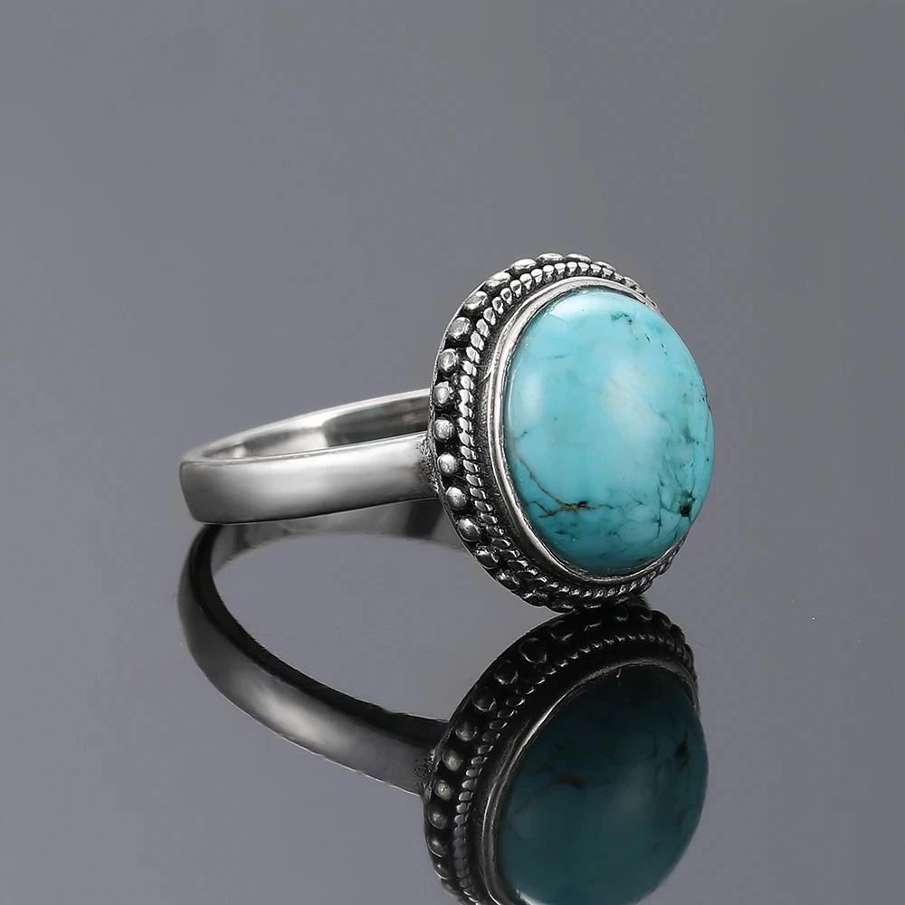 Oval Turquoise Vintage Rings for Women 925 Sterling Silver Elegant Simple Fine Jewelry Anniversary Party Birthday Gift