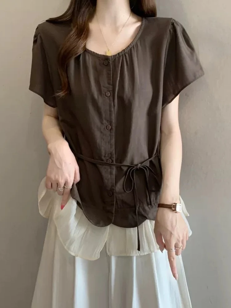 

Women's Short Sleeve Shirt Waist Cinched Coffee Color Fake Two-Piece Spring Summer New Style plus Size Big MM Tie Waist Top