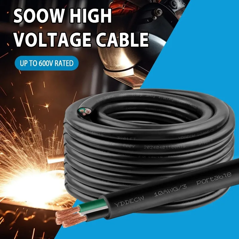 100ft 10/3 10 AWG Portable Power Cable (3 Conductor) - SOOW 600V 10 Gauge Electric Wire for Motor Leads, Portable Lights