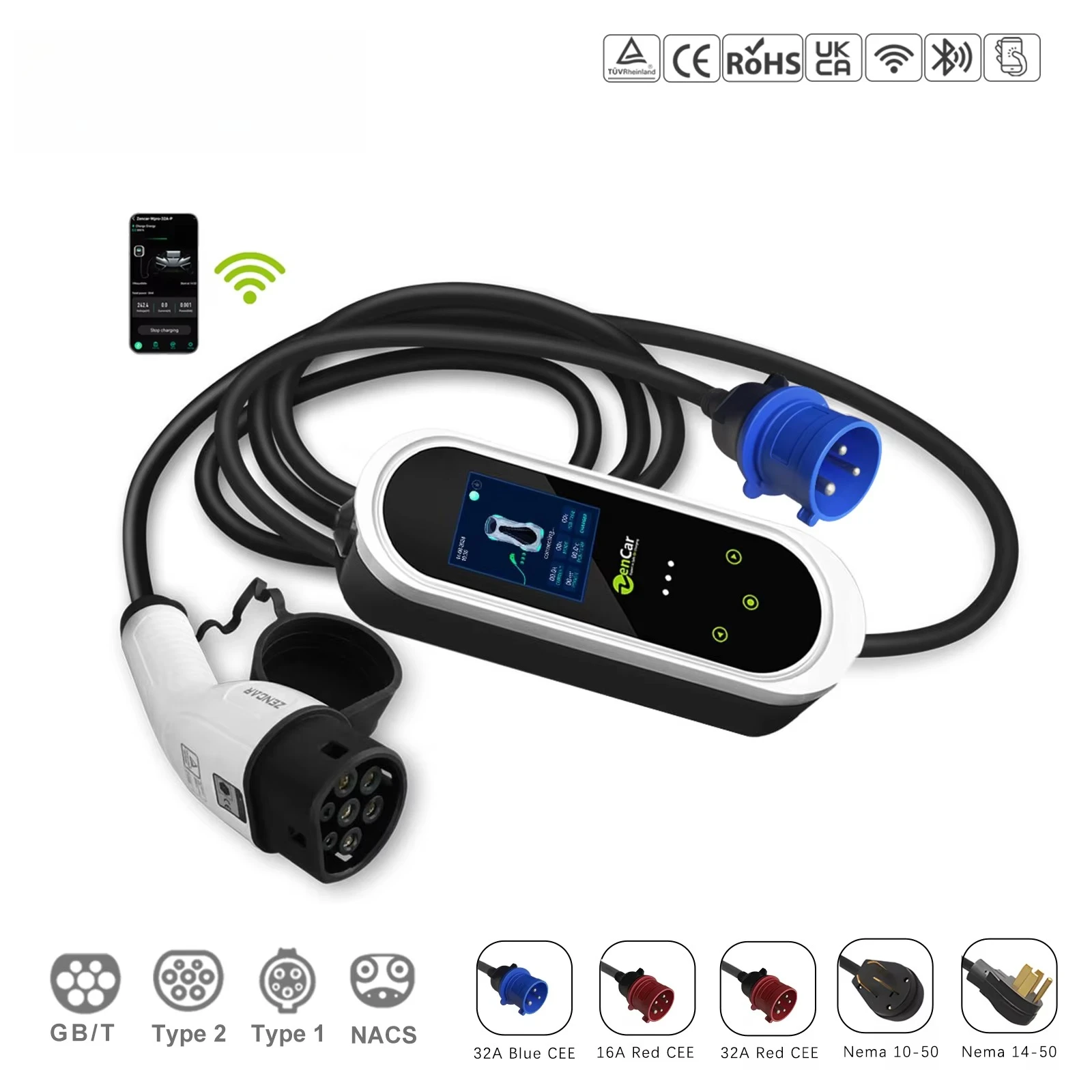 Epro 7.4kw Portable Ev Charger 32A APP WIFI Type 2 EVSE 220V Level 2 Home Car Chargers with 3 Pins Blue CEE and 3.5
