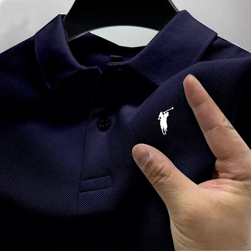 Men's Summer High-End Printed Golf Polo Shirt with Collar, Solid Color, Breathable, Office Casual, High-Quality Men's Clothing