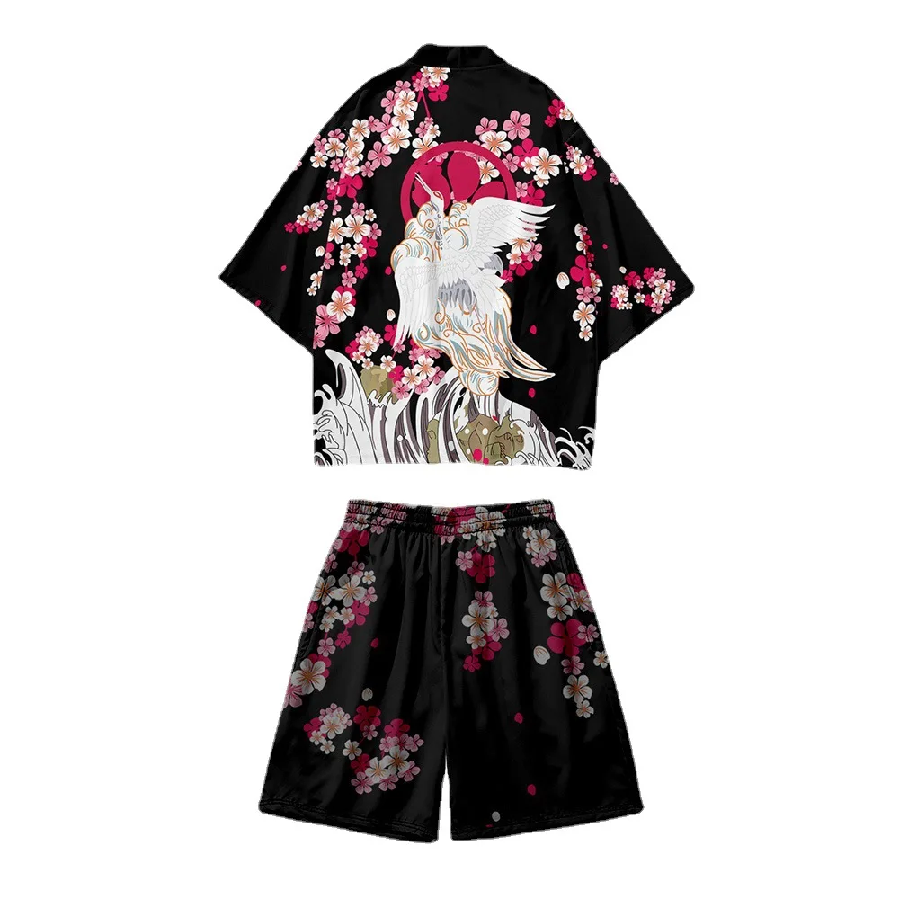 

Summer Cartoon Carne Wave Floral Printed Kimono Shorts Set Women Men Japanese Haori Asian Streetwear Cardigan Yukata Cosplay