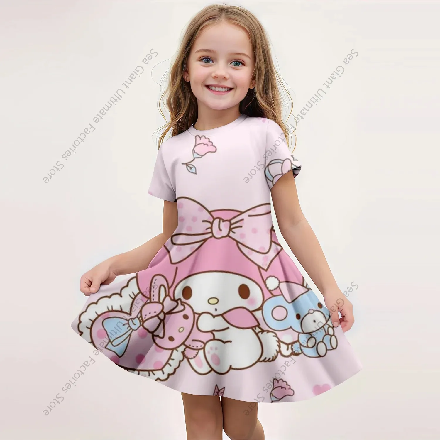 MINISO New Summer Girls Dress Fashion Cartoon Cute Cinnamoroll &Hello Kitty 3D Printing Dress Kid Short Sleeve Princess Clothing