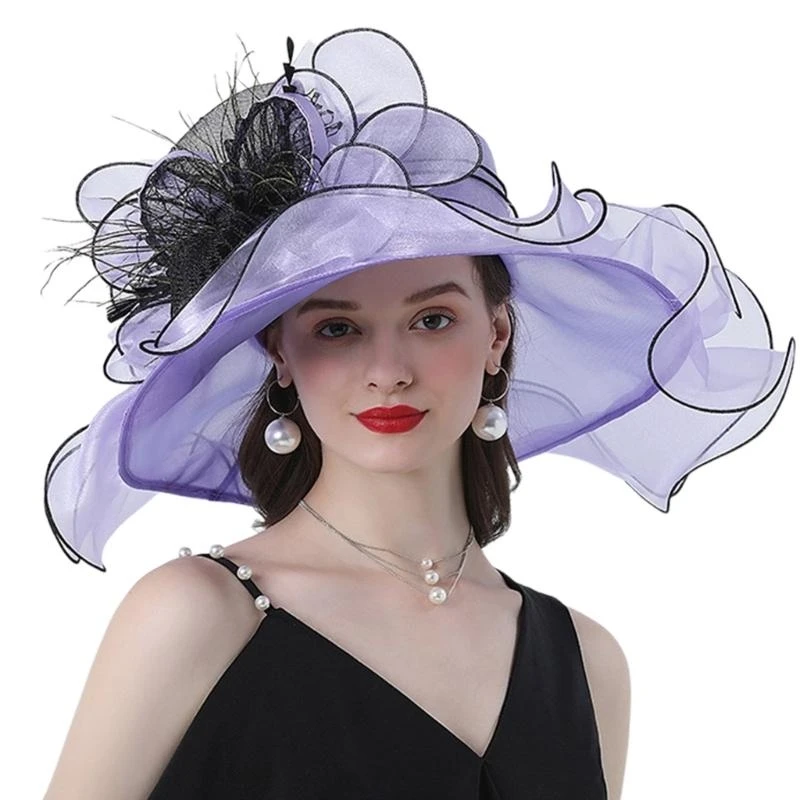 15YC Sommer-Bowlerhut aus Organza, Cloche für Damen und Mädchen, Party, Hochzeit, Foto-Requisiten, Organza-Bowknot-Hut mit – Detail 1