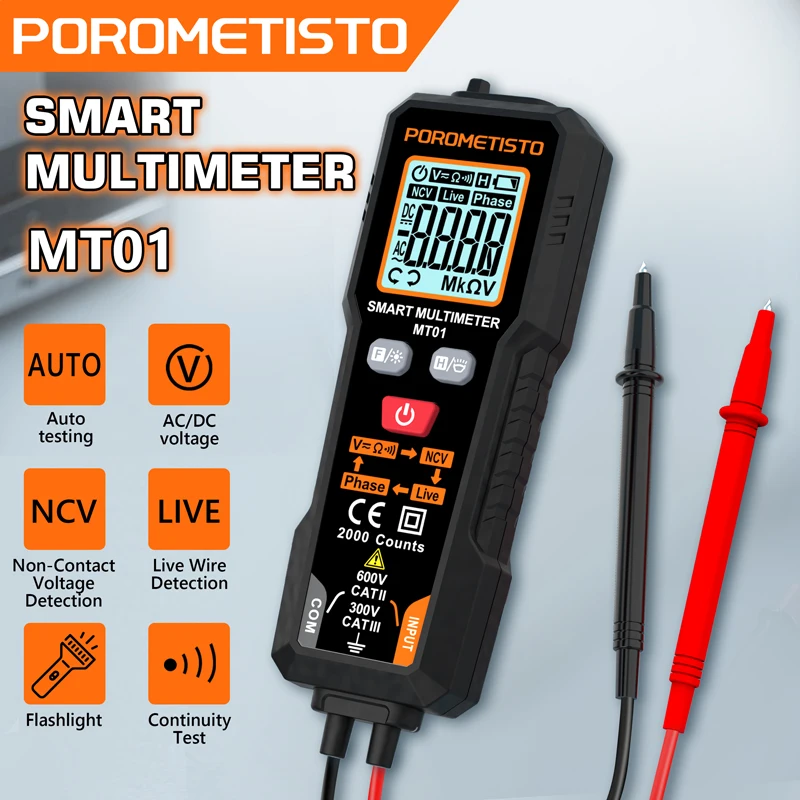 POROMETISTO MT01 Smart Digital Multimeter AC/DC Voltage Resistance Continuity Measurement Tester NCV Multimeter with Backlight