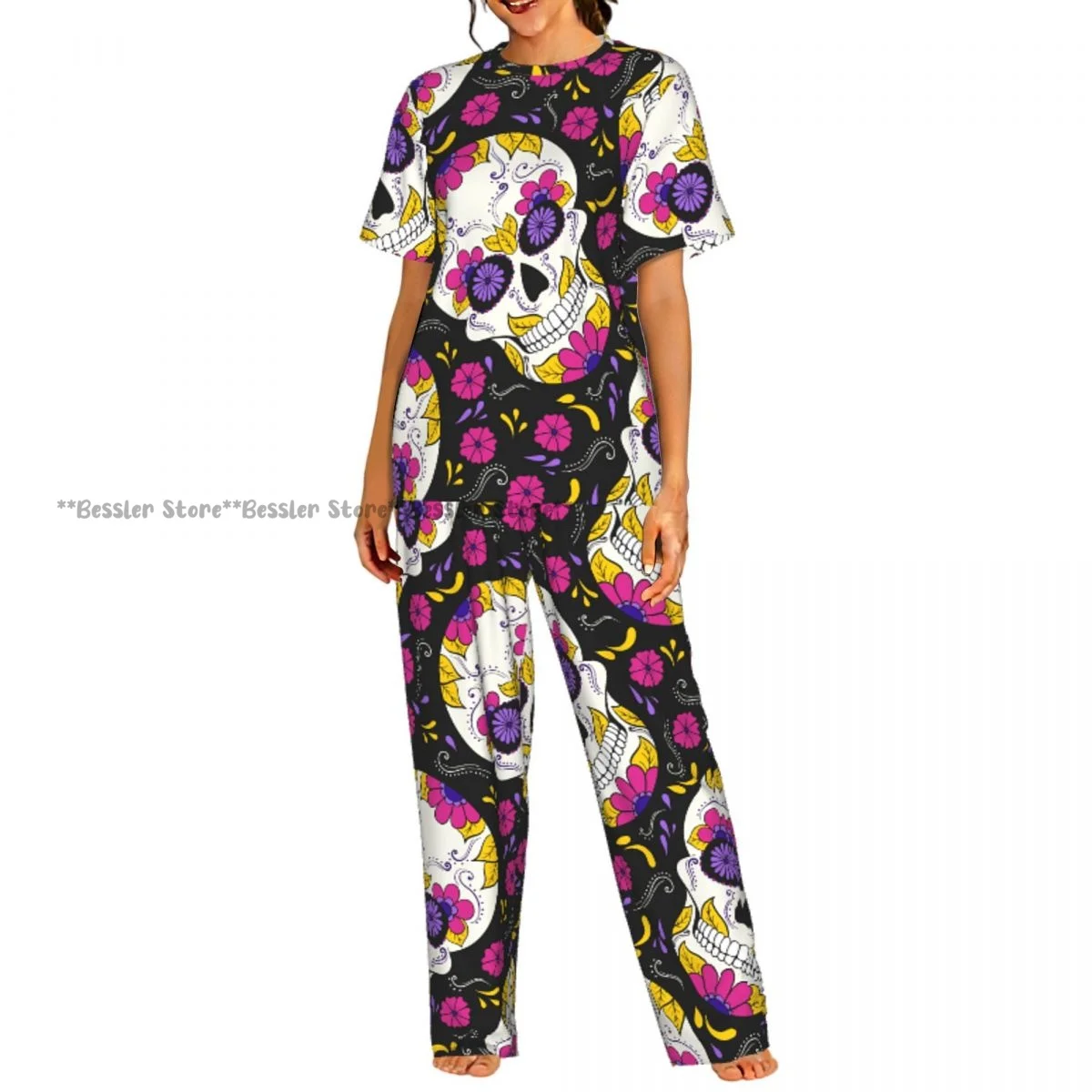 

Women Pajama Sets Lounge Sleepwear Day Of The Dead Skull With Floral Short Sleeve Nightwear