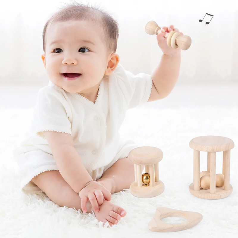 4 Pieces Wooden Baby Rattle Toy Montessori Teething Ring Log Geometric Grab Toy Natural Wood Rattle Set for Infants and Toddlers