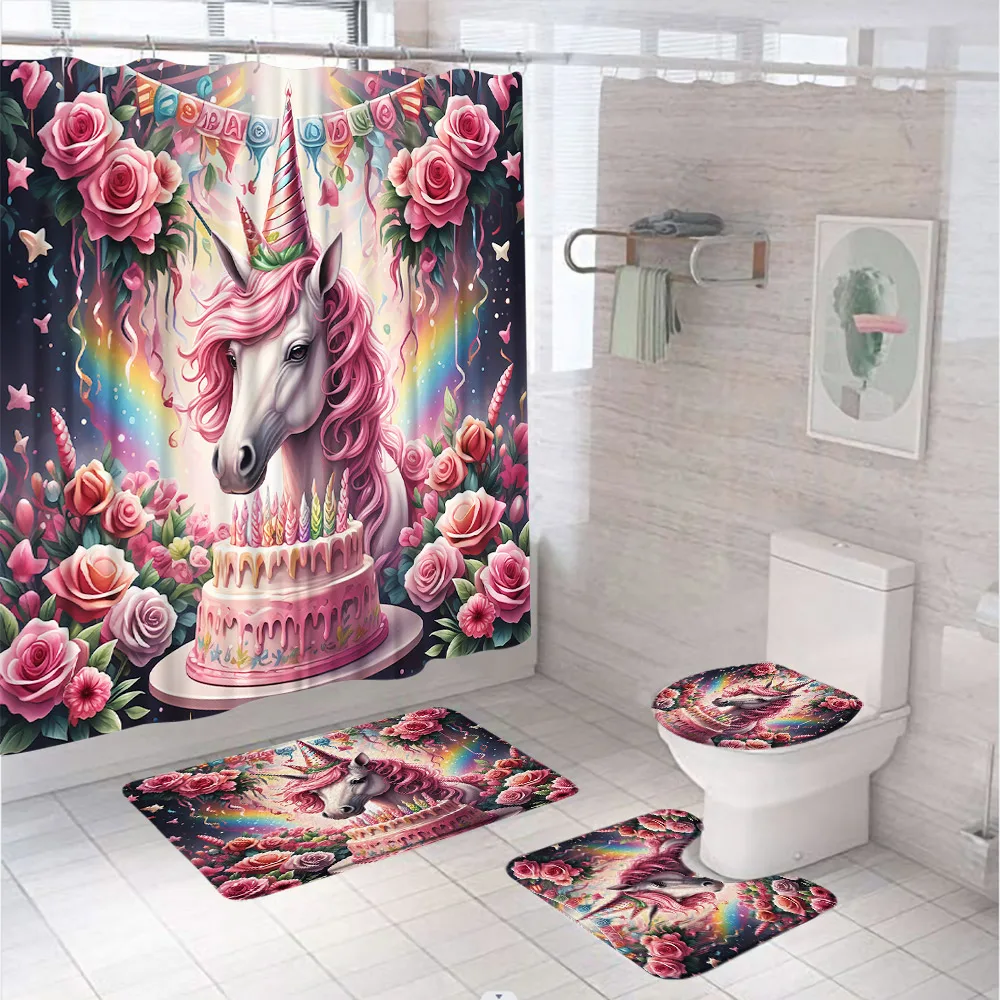 Cute Cartoon Unicorn Shower Curtain Set Fabric Bathroom Screen Pink Flowers Birthday Party Cake Bath Mats Toilet Cover Rug Home