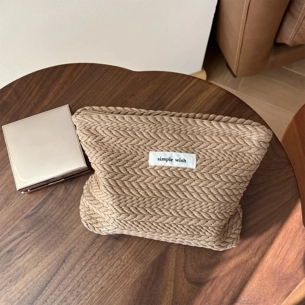 Portable Zipper Cosmetic Bags Woven Fabric Solid Color Storage Pouch Beige Coffee Zipper Bag Travel