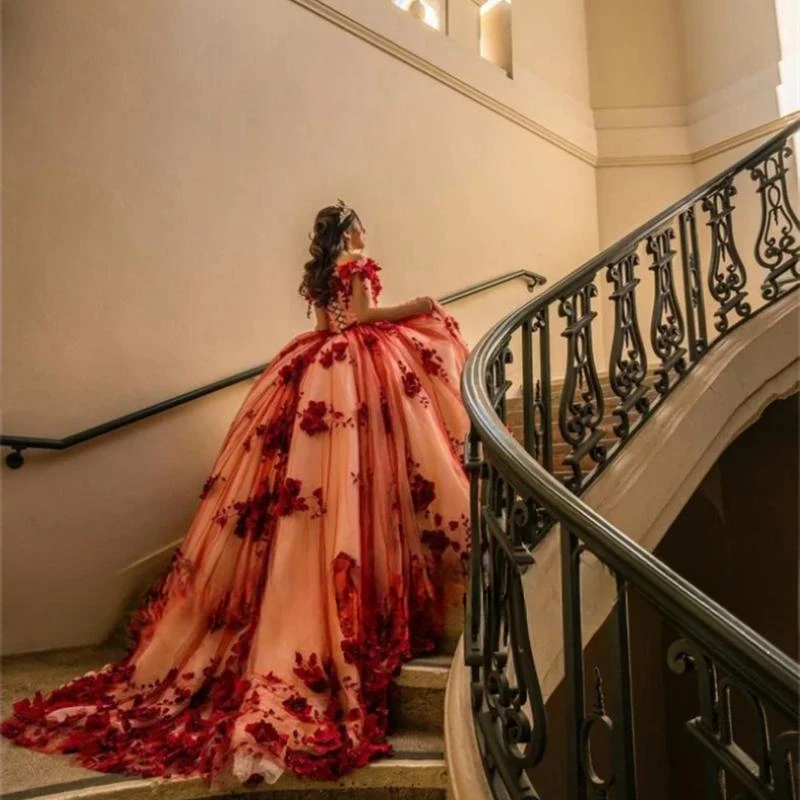 Vestido De quinceañera De princesa con flores en 3D burdeos, Vestido De baile con apliques De cuentas, hombros descubiertos, dulce 16, 15 Años, 2024