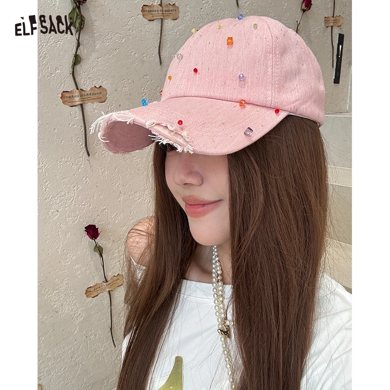 

ELFSACK Women's Distressed Denim Baseball Cap with Colorful Beads, Light Blue Frayed Brim Hat for Beach, Sweet Street Accessory