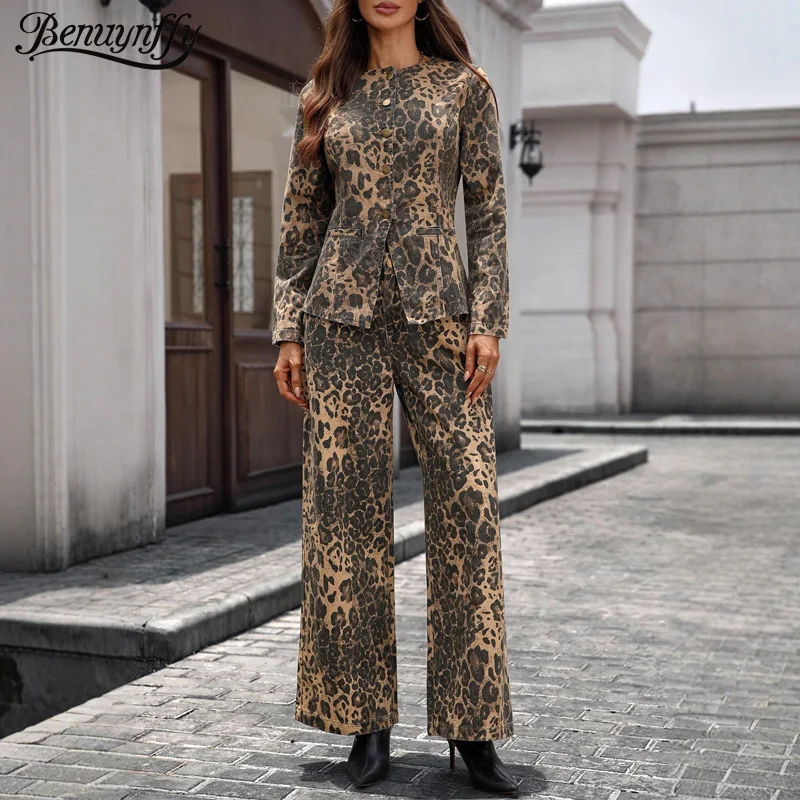Benuynffy Leopard Print 2 Pieces Set Women's O-Neck Long Sleeve Denim Top And Loose Wide Leg Pants High Street Retro Outfits
