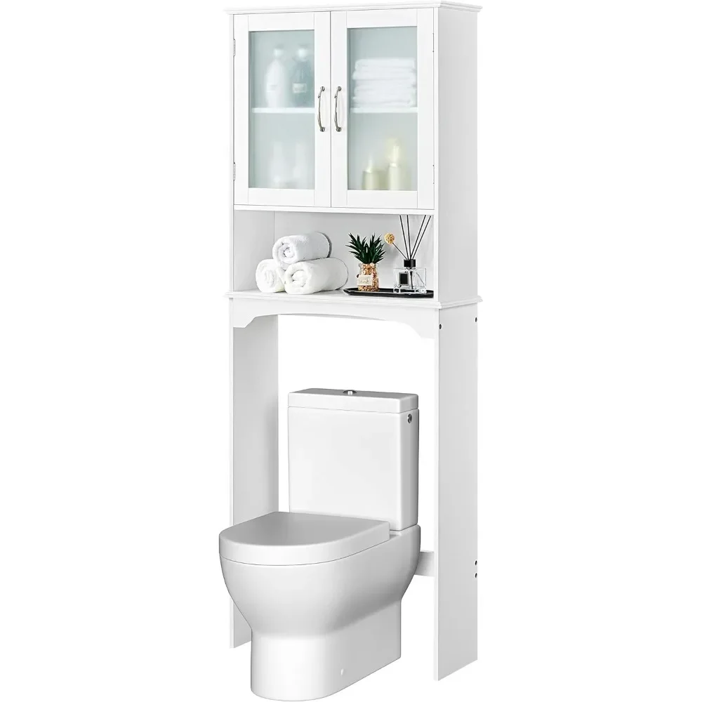 Over The Toilet Storage Cabinet with Double Tempered Glass Doors and Adjustable Shelf, Freestanding Bathroom Storage Rack