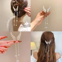 Pinza para el pelo con borla de mariposa y Perla para mujer, horquilla elegante, accesorio para el cabello de cangrejo