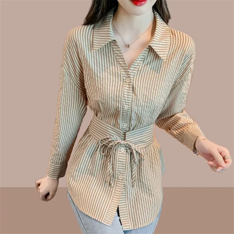 

Striped Blouses Women's Shirt Long Sleeved Shirt For Women OL Lace Up Tight Waist Shirt Slim Fit Blouse Tie Straps Femme Shirts