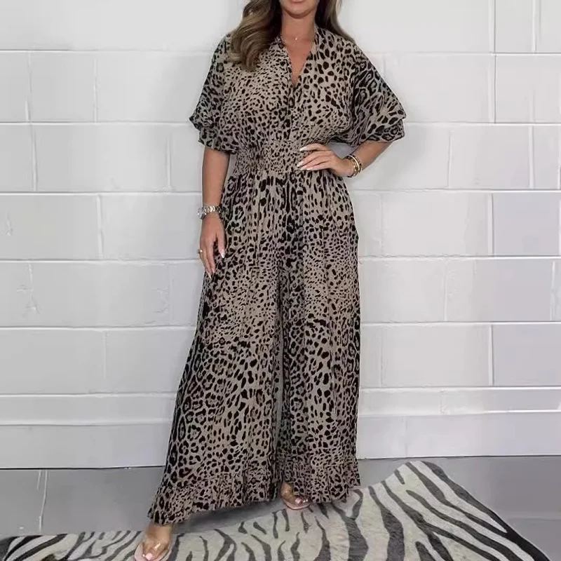 Sexy Leopard Print Wide Leg Pants Women Jumpsuit Spring V-neck High Waist Straight Romper Summer Butterfly Sleeve Loose Overalls