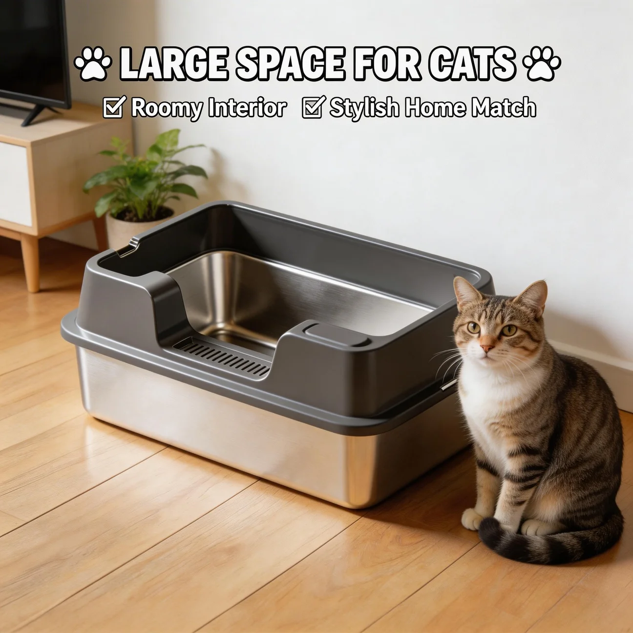 Katzenklo aus Edelstahl XL, Metall-Katzenstreuwanne mit Schaufel für große Katzen, hohe Seitenwände, nicht klebende Oberfläche, Katzentoilette
