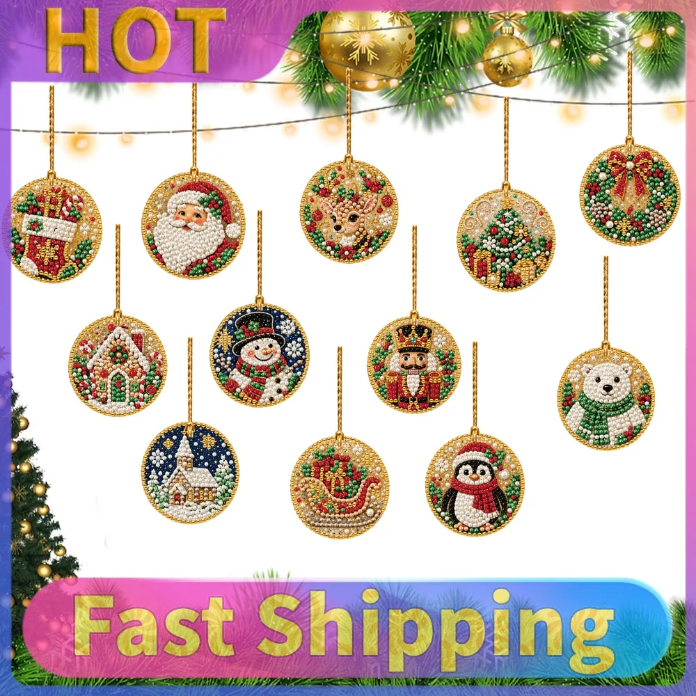 Diamond Painting Christmas Tree Ornaments Kit 12pcs 8cm Round DIY Acrylic Xmas Hanging Decor Resin Gem Set Home