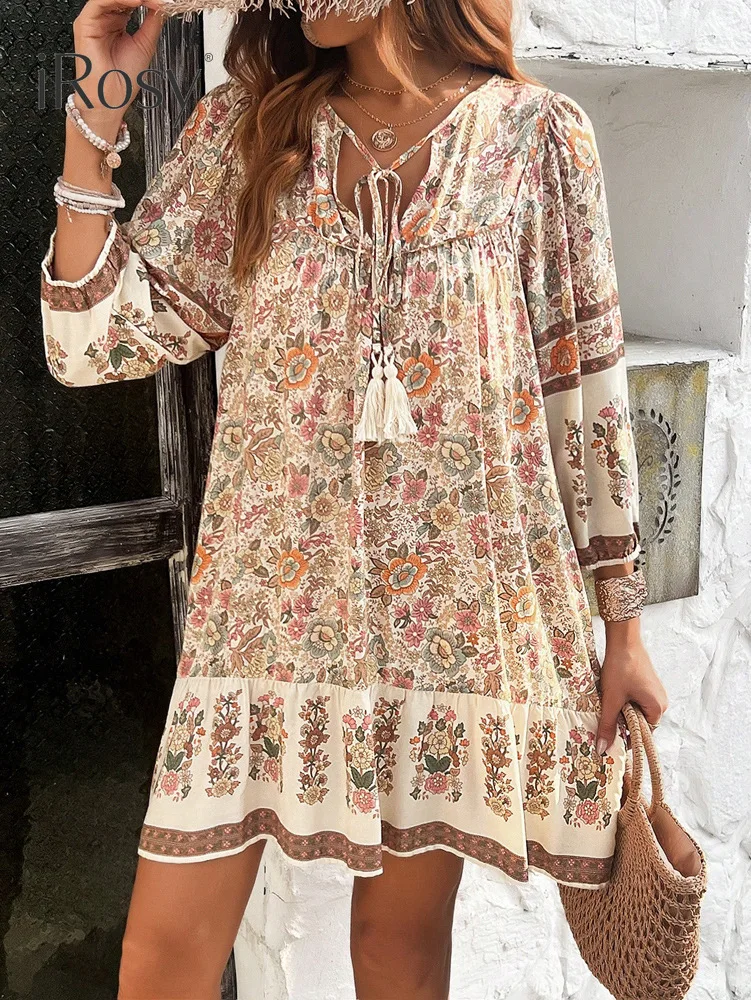 Vestido floral manga comprida com decote em v, vestido viscose, casual, curto, praia, férias, boêmio, roupas boho, primavera, verão, 2024