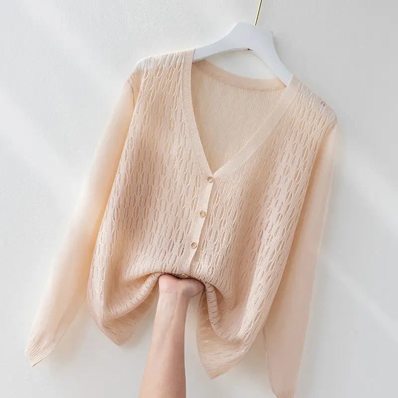 V-neck Long-sleeved Ice Silk Cardigan Sun protection Clothing women Loose Summer New Thin Knitwear Sweater Top Female Knitwear