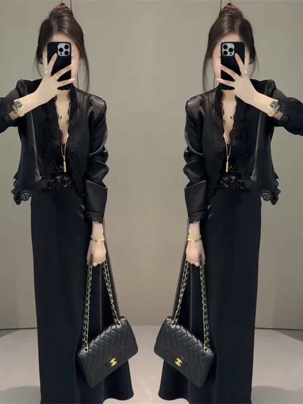 

2025 Summer New Style Women's Long Sleeve V-Neck Lace Splicing Suit Jacket And Midi Skirt Two-Piece Set Elegant Fashionable