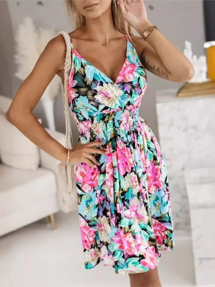 Verão sexy sem costas cinta de espaguete mini vestido feminino moda floral impressão sem mangas férias praia vestidos de festa doce casual