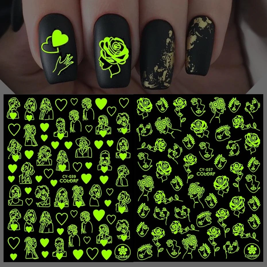 Luminous Abstract Face Nail Art Stickers 3D Rose Heart Moon Sun Leaf Manicure Stickers Glow In The Dark Nail Decor SACY037-043