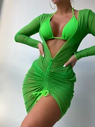 3 Pieces Halter Triangle Thong Bikini 2026 Women With Cover Up Swimwear Female Swimsuit Beach Wear Bathing Swimming Suit Summer