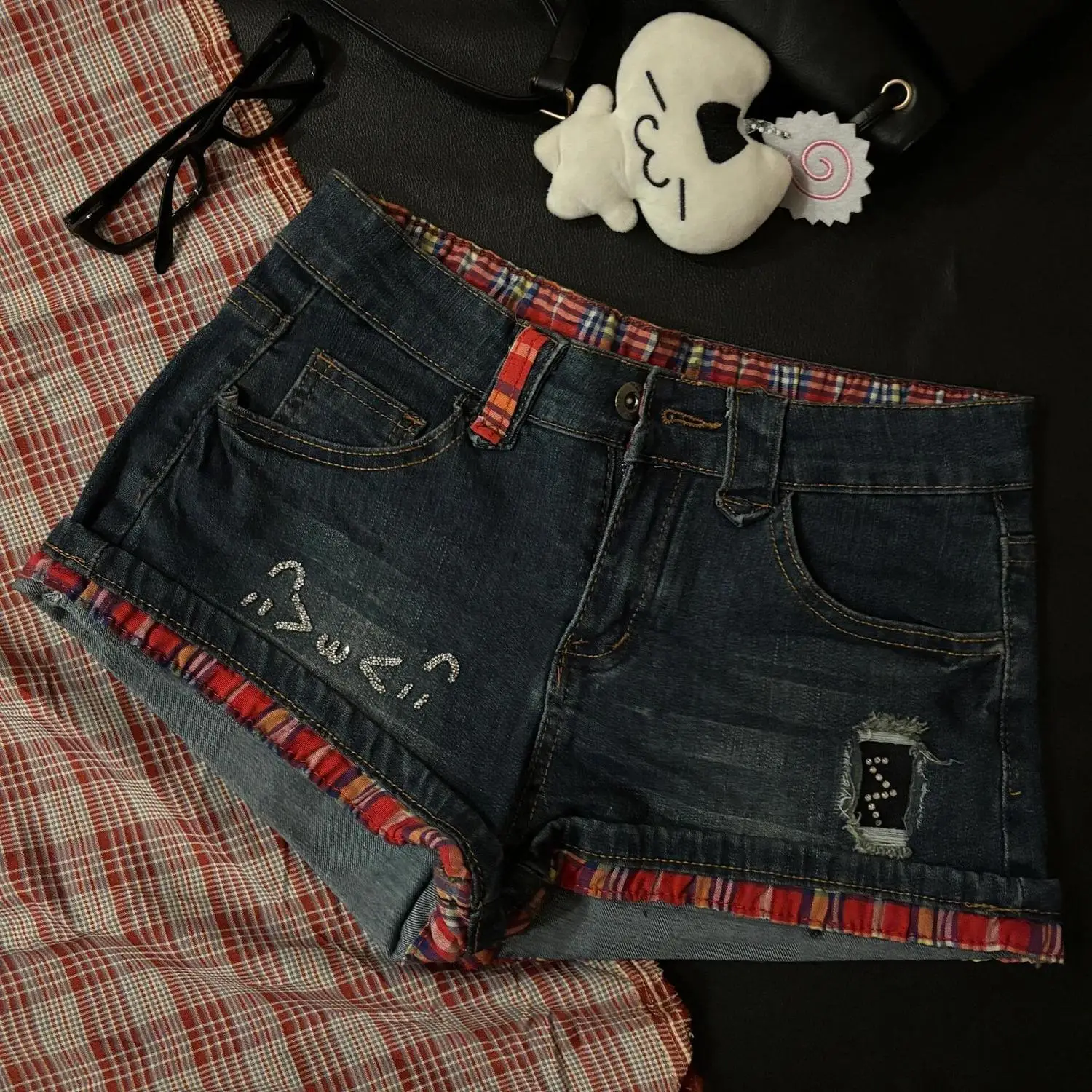 Red Plaid Curled Low-rise Denim Shorts Women's Summer New Design Diamond-encrusted Retro Jeans Y2k Shorts