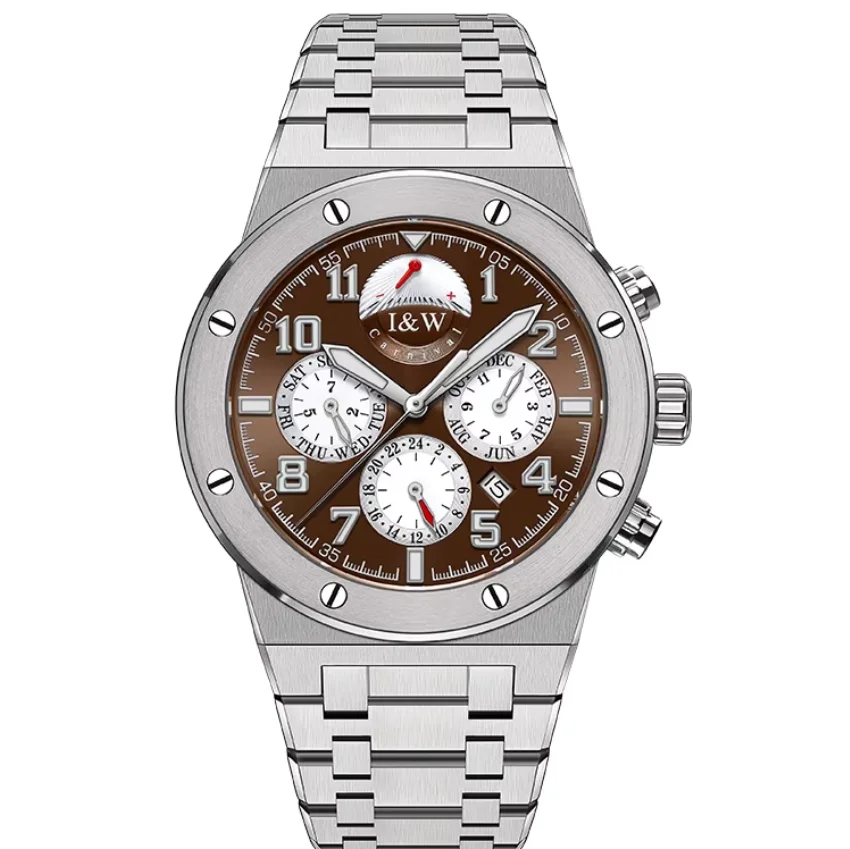 I&W Men Automatic Watch Pilot 41mm Mechanical Wristwatch 50M Waterproof Sapphire Multi-Dial Month Week Power Reserve Indicator