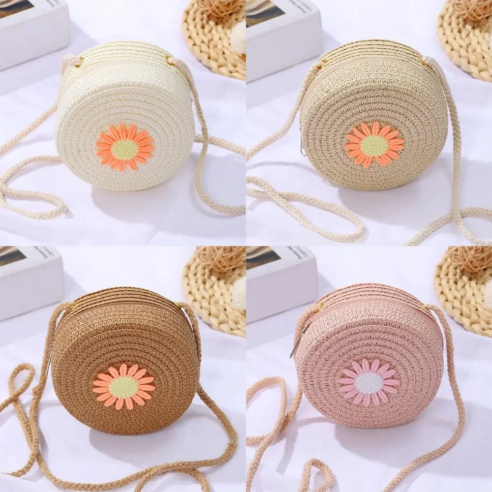 

Round Straw Bag Women Woven Crossbody Beach Bag for Ladies Cute Rattan Handmade Knitted Shoulder Bag Candy Color Small Handbag