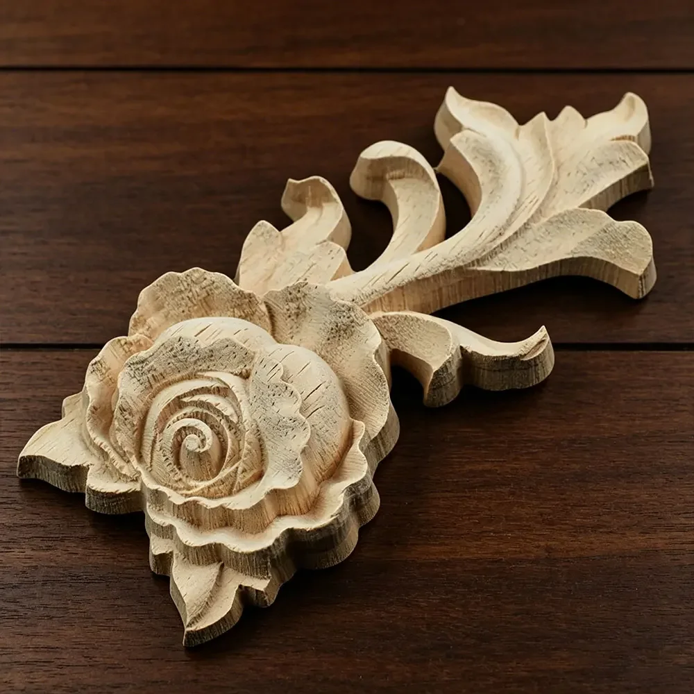 4PCS Ornamental Unpainted Long Leaves Rubber Wood Furniture Decoration Accessories Doors Figurines Wood Decal Wooden Applique