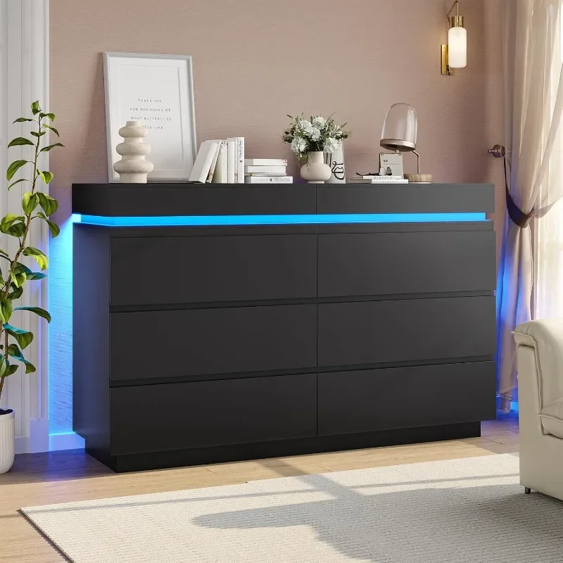 Modern 6 Drawer Dresser with Sliding Desktop, Wide Chest of Drawers with Charging Station & LED Lights