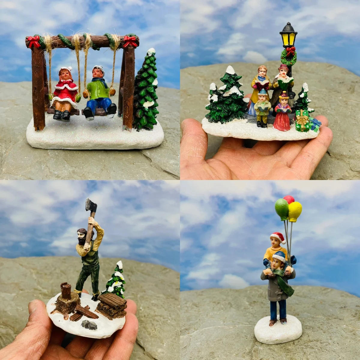 Christmas Miniatures Set - Resin Winter Village Figurines for Holiday Home Decor, Xmas Tree Ornaments