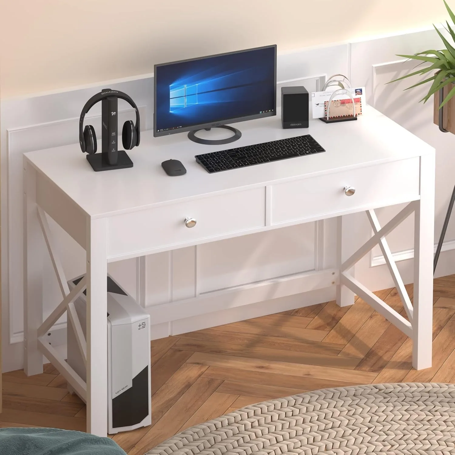 Home Office Desk with Drawers, Modern Writing Computer Desk for Bedroom, Small Makeup Vanity Table Study Table for Home Office,White