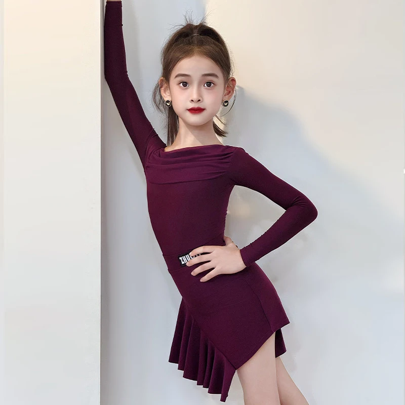 

Детская одежда для латинских танцев, фиолетовый танцевальный костюм с длинными рукавами, одежда для выступлений для девочек, тренировочная одежда для румбы, ча-ча, фиолетовая