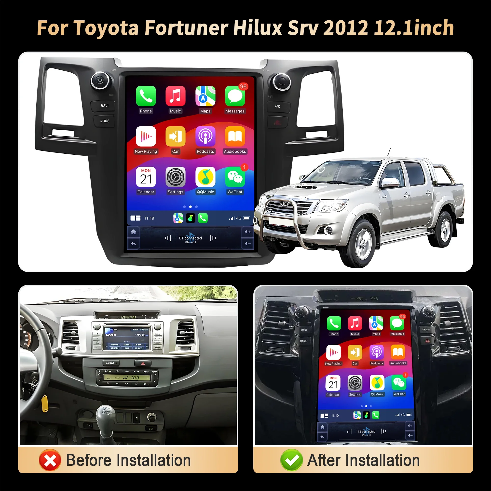 12.1 Inch Car Radio for Toyota Fortuner Hilux SRV 2012 Android 14 4G Touch Screen Stereo Wireless Bluetooth CarPlay Head Unit