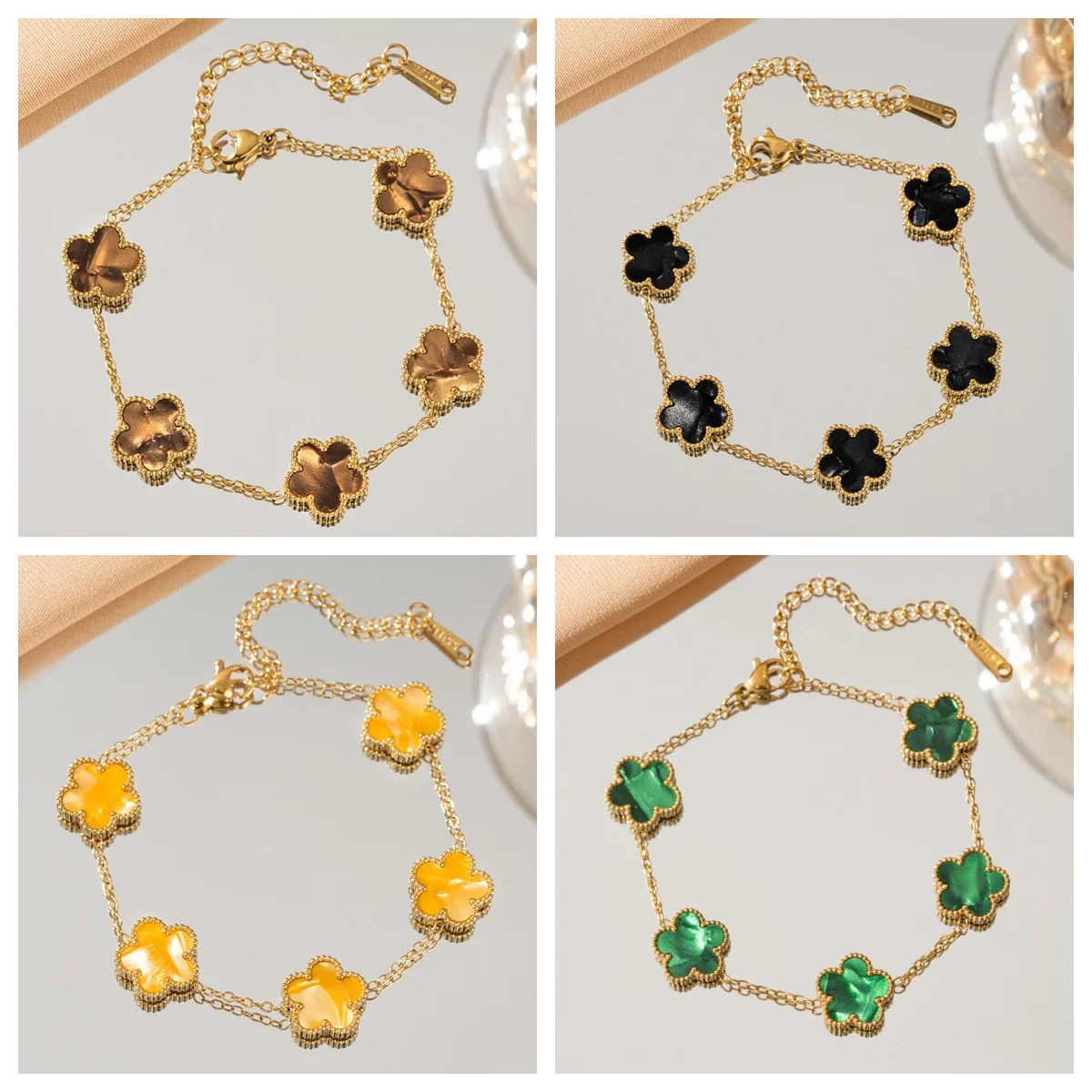 Double Sided Five-Leaf Flower Bracelet For Women Adjustable 18k Plated Gold Stainless Steel Five Point Star Clover Party Jewelry