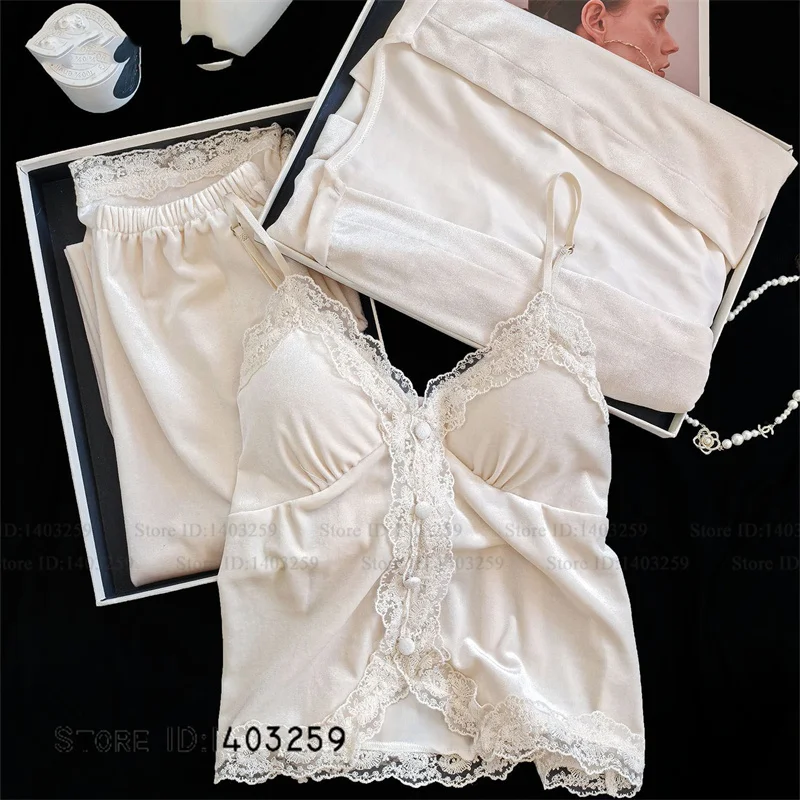 

Бархатная женская одежда для сна, элегантный сексуальный кружевной халат из 3 предметов, пижамный комплект, одежда для дома, осень-зима, новая домашняя одежда, брючные костюмы, свободная пижама