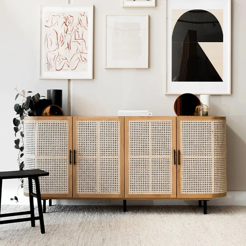 

Hug the side cabinet, solid wood retro homestay rattan weaving characteristic storage , entrance