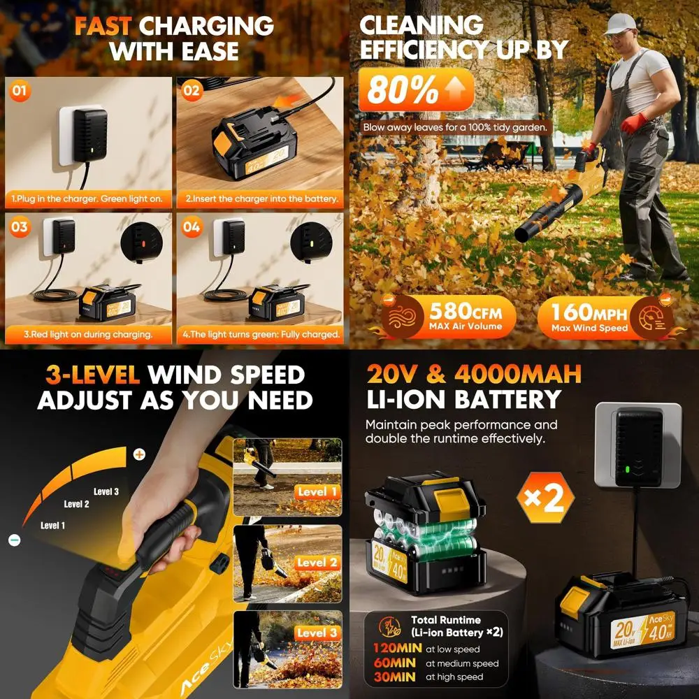 

Модернизированная 3-скоростная беспроводная воздуходувка для листьев, 150 000 об/мин, с 2 аккумуляторами 4,0 Ач, зарядным устройством и удлинителем для очистки двора и снега.