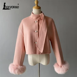 Luxyonuo Wool Coats with Real Fur Cuffs Autumn Winter Elegant Woman Coat Ladies Fashion Cashmere Blend Jacket Solid Color New