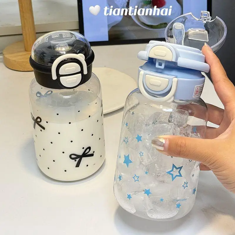 New 600ml Star Water Bottle Tumbler For Ice Coffee Juice Tea Cute Bowknot Plastic Cups With Straw Lid Portable Drinking Bottle