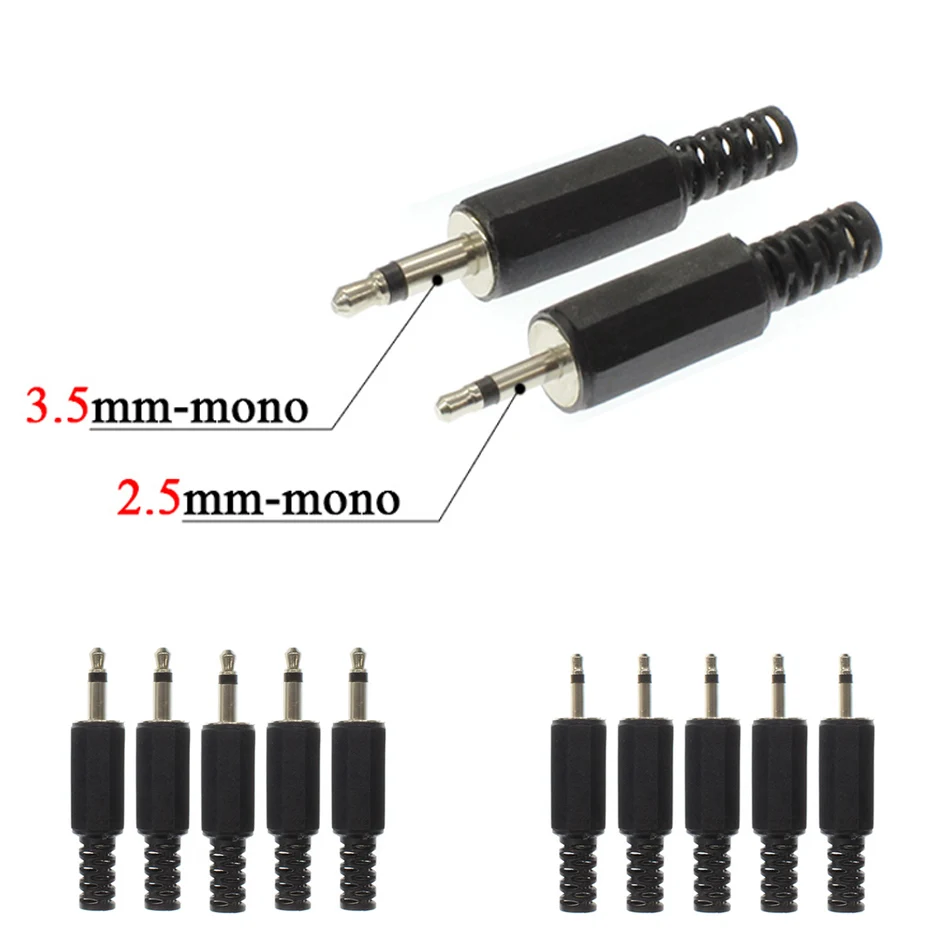 Mono Adaptador de Auscultadores, macho Plug, Jack, solda, cabo de extensão, fio conector, único canal, Áudio, DIY, 2,5 milímetros, 3,5 milímetros