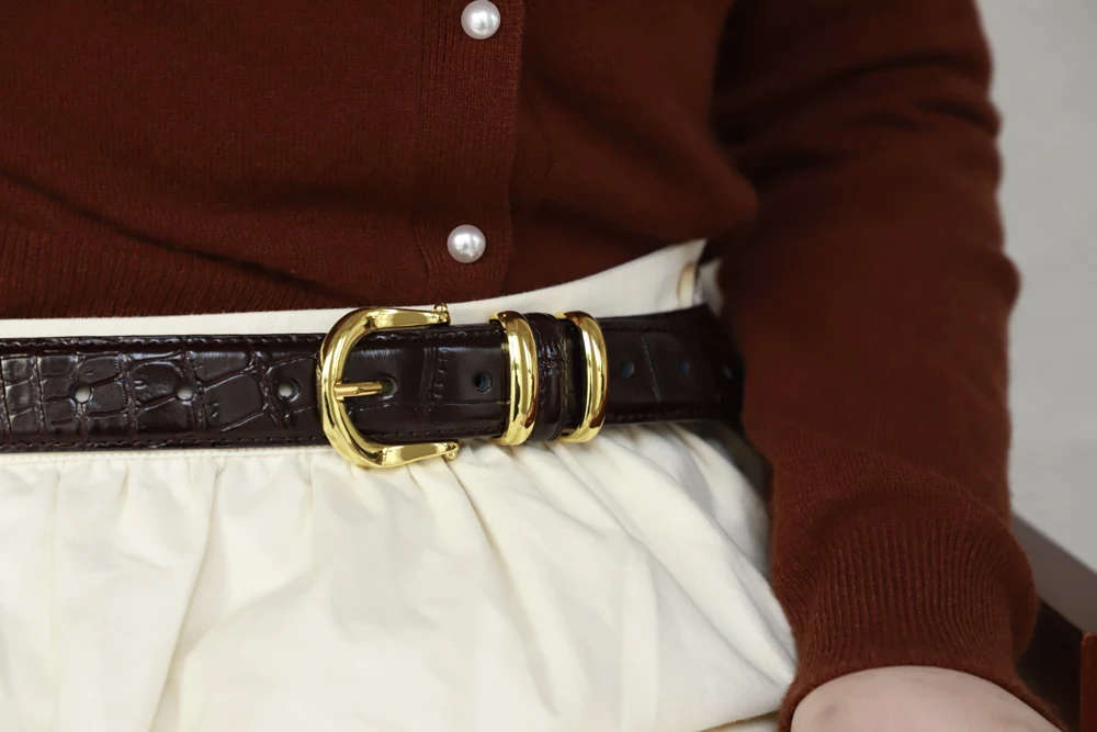 Blueblues  Vintage Designed Crocodile Embossed Top Layer Cowhide Genuine Leather Belt Coffee Dark Brown Gold Buckle