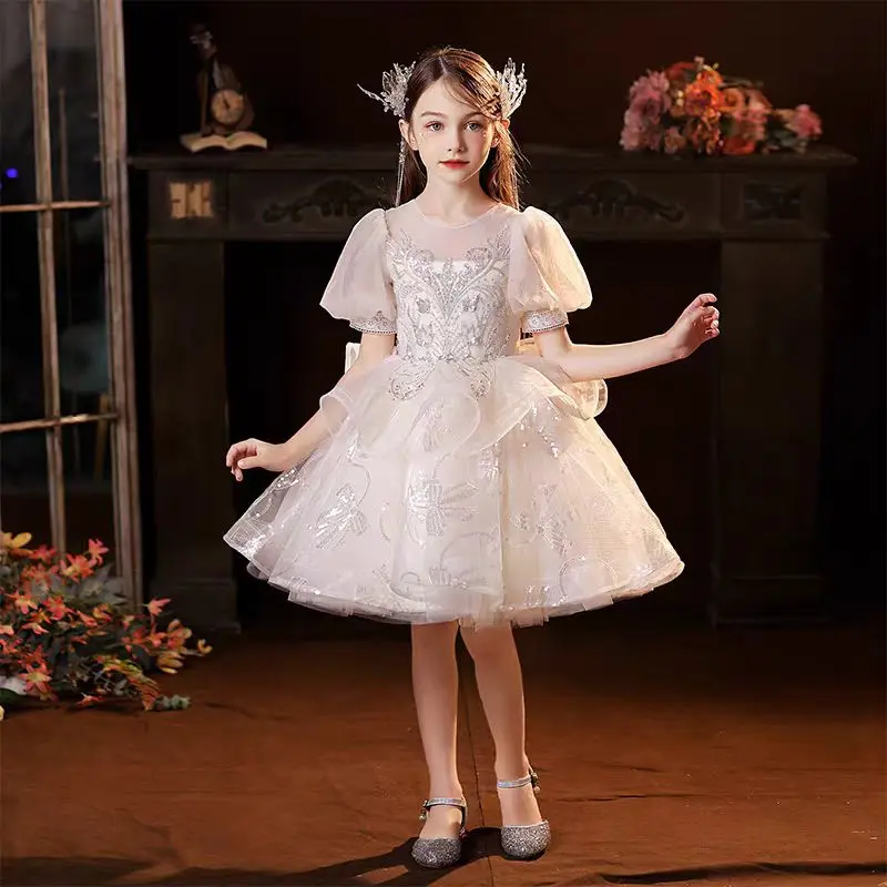 Dreamy Vow Graceful White Baby Girl Dress Ornate Embroidered Puff Sleeve for Kids Birthday Holiday Wedding Party Ball Gown J715