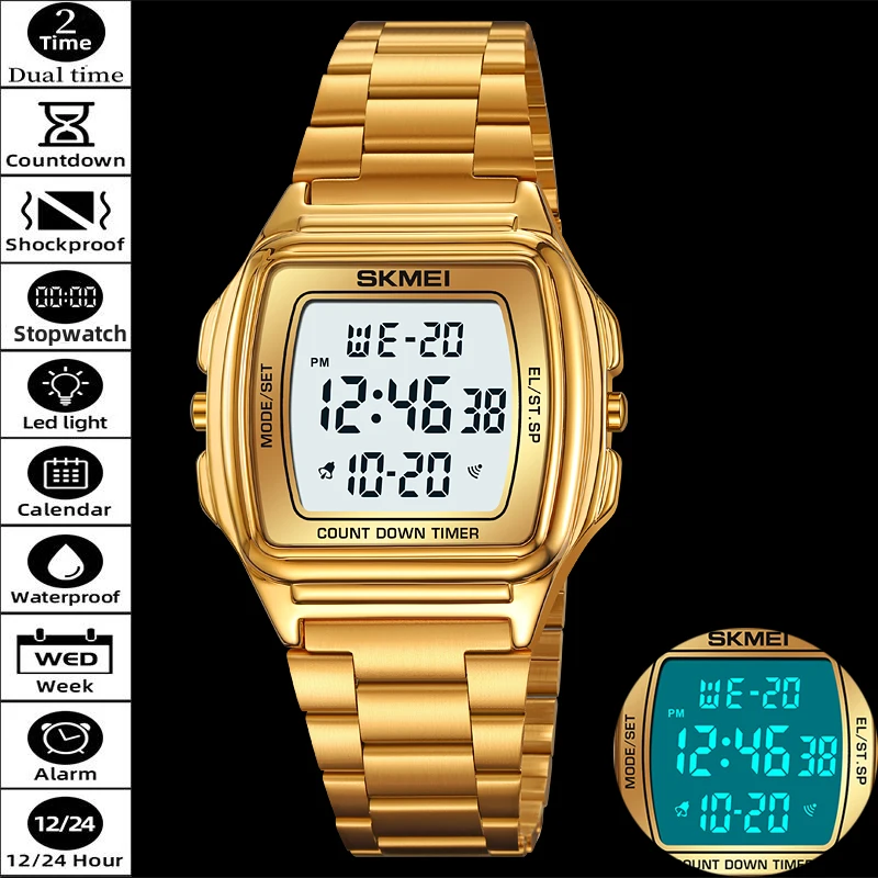 

Skmei Элитный бренд Водонепроницаемые цифровые часы 24-часовой дисплей Светодиодный хронограф Модный ремешок из нержавеющей стали Двойное время