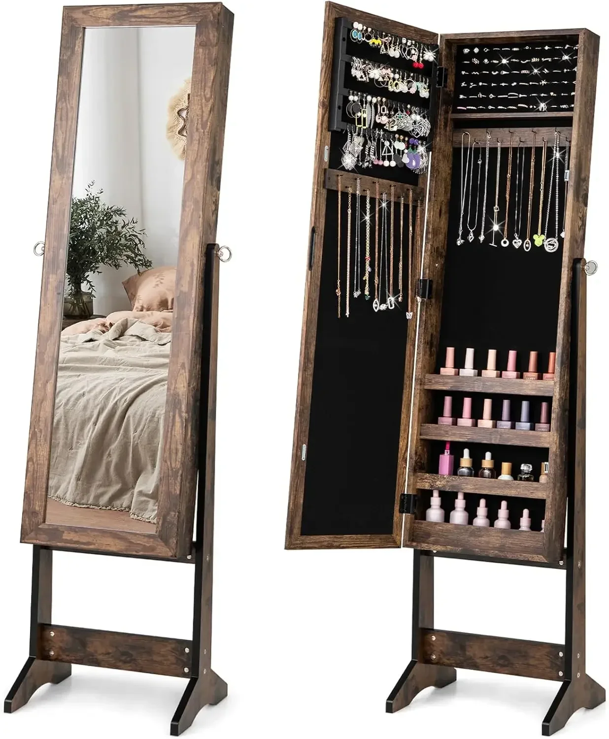 Jewelry Cabinet with Full-Length Mirror, Standing Jewelry Armoire Organizer with 64 Earring Slots, 20 Necklace Hooks, 72 Ring Sl