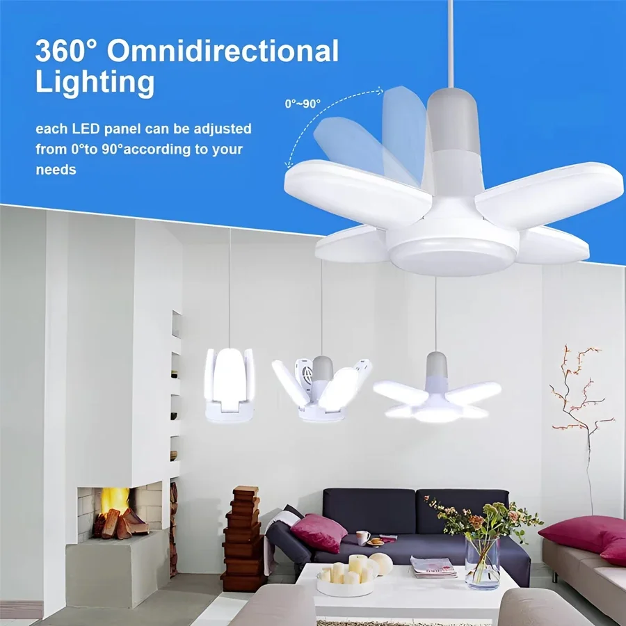 E27 LED Garage Light Bulb 28W 360° Adjustable Foldable Leaf Lamp No Flicker for Bedroom Living Room Kitchen Ceiling BBQ Lighting