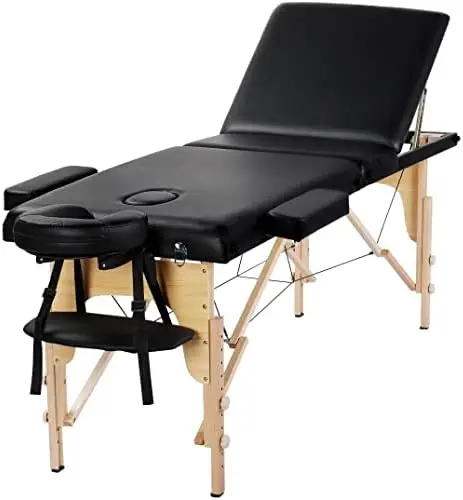 Massage Table Portable Folding Lash Esthetician Tattoo Bed, Black | Heavy-duty beech wood frame, 3-fold foam-padded PVC